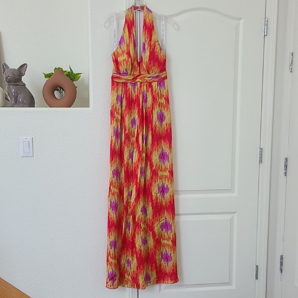 Kay Unger Red Green Abstract Maxi Halter Neck Dress 6 Summer Silk Flowy Backless